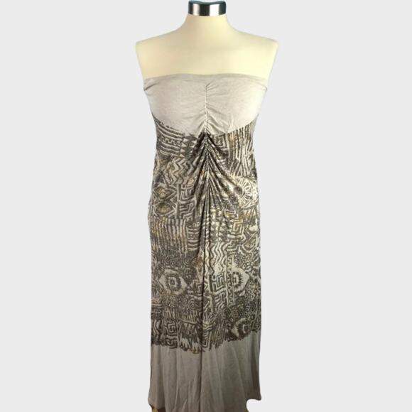 Language Small Tan Printed Strapless Dress - Picture 1 of 6
